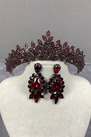 Burgundy Sara Bridal Henna Tiara and Earring with Dense Stones