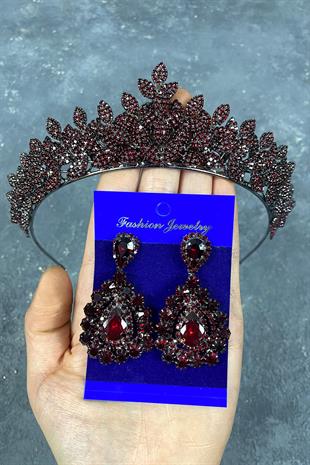 Claret Red Sara Bridal Henna Tiara and Drop Stone Earring