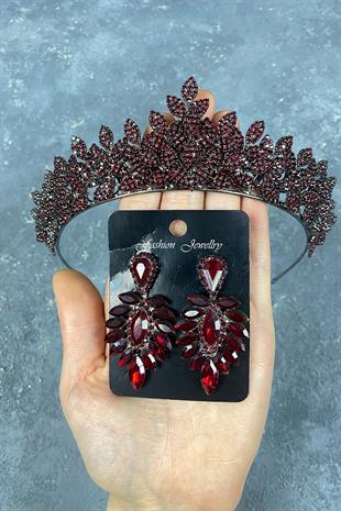 Burgundy Sara Henna Tiara and Stud Earrings Set