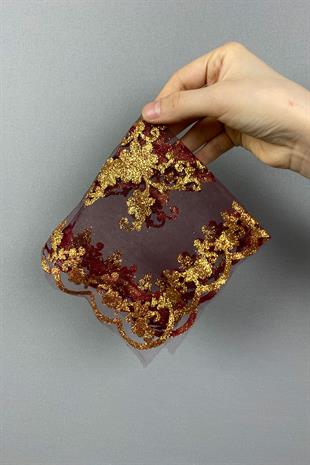 Burgundy Glitter Foil Printed Bridal Halay Handkerchief 10 pcs