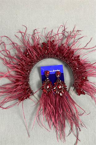 Burgundy Sirius Crystal Beaded Feathered Bridal Henna Crown and Earrings