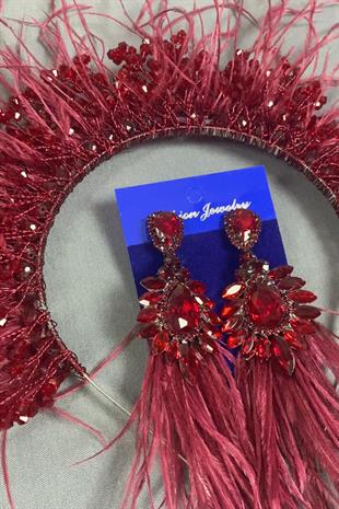 Burgundy Sirius Crystal Beaded Feathered Bridal Henna Crown and Earrings