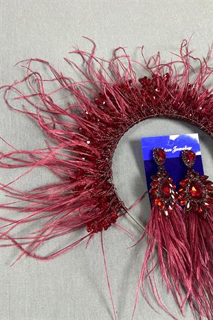 Burgundy Sirius Crystal Beaded Feathered Bridal Henna Crown and Earrings