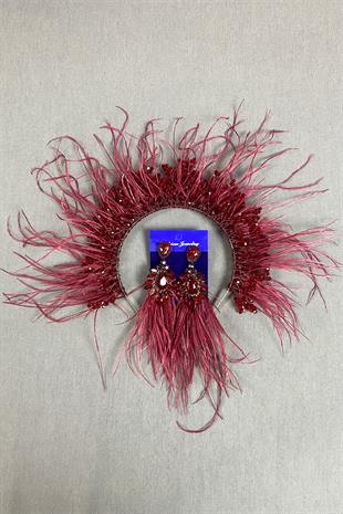 Burgundy Sirius Crystal Beaded Feathered Bridal Henna Crown and Earrings