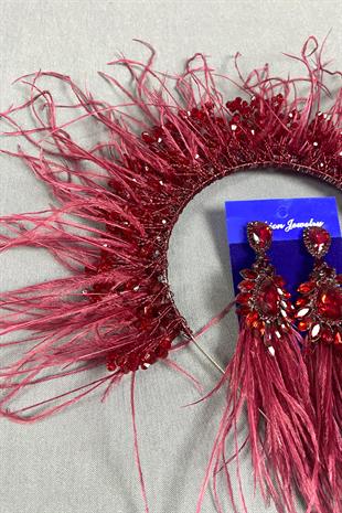 Burgundy Sirius Crystal Beaded Feathered Bridal Henna Crown and Earrings