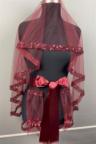 Bordo Su Model İşlemeli Gelin Kına Duvağı Yüz Örtüsü