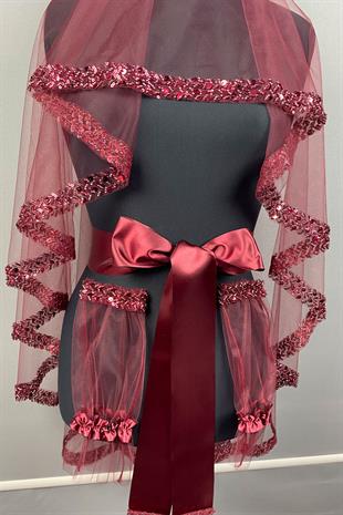 Bordo Su Model İşlemeli Gelin Kına Duvağı Yüz Örtüsü