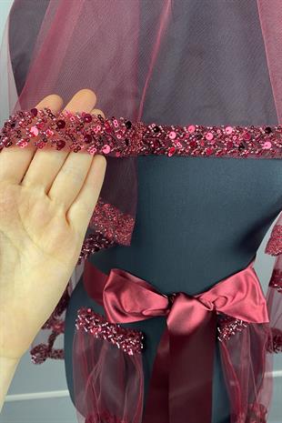 Bordo Su Model İşlemeli Gelin Kına Duvağı Yüz Örtüsü