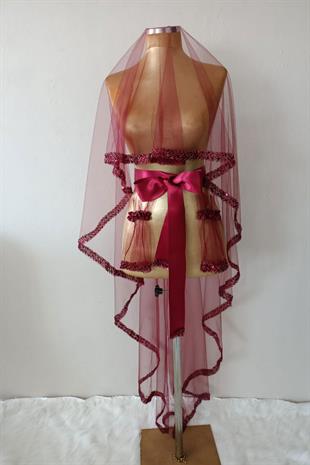 Bordo Su Model İşlemeli Gelin Kına Duvağı Yüz Örtüsü 2 mt