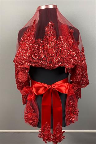 Bordo Sultan Model Özel İşlemeli Gelin Kına Duvağı Yüz Örtüsü