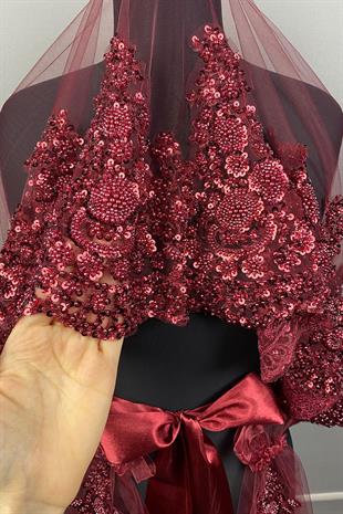 Bordo Sultan Model Özel İşlemeli Gelin Kına Duvağı Yüz Örtüsü