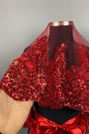 Bordo Sultan Model Özel İşlemeli Gelin Kına Duvağı Yüz Örtüsü