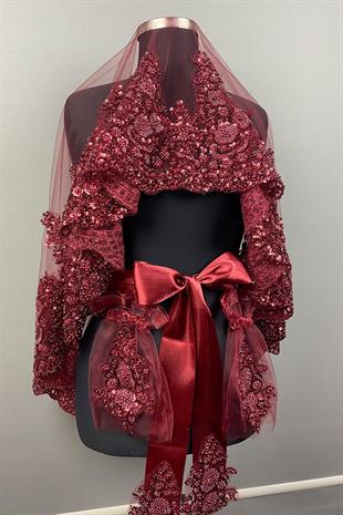 Bordo Sultan Model Özel İşlemeli Gelin Kına Duvağı Yüz Örtüsü