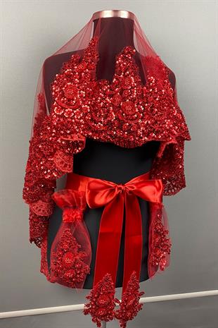 Bordo Sultan Model Özel İşlemeli Gelin Kına Duvağı Yüz Örtüsü