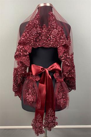 Bordo Sultan Model Özel İşlemeli Gelin Kına Duvağı Yüz Örtüsü