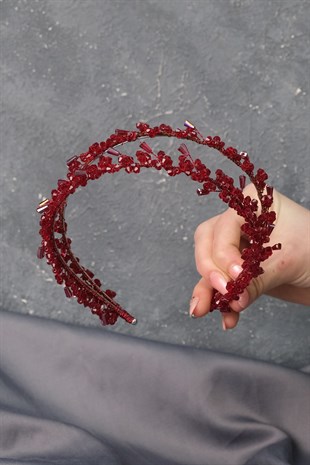 Bordo Talya Çift Sıralı Boncuklu Gelin Kına Tacı