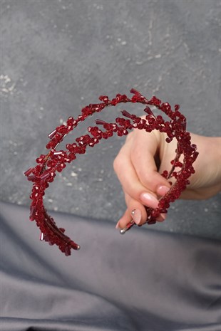 Bordo Talya Çift Sıralı Boncuklu Gelin Kına Tacı