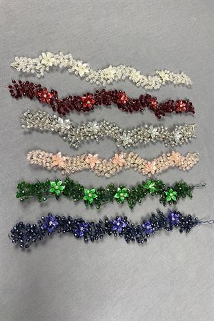 Bordo Taşlı Çiçekli Kristal Boncuklu Gelin Saç Ve Türban Aksesuarı