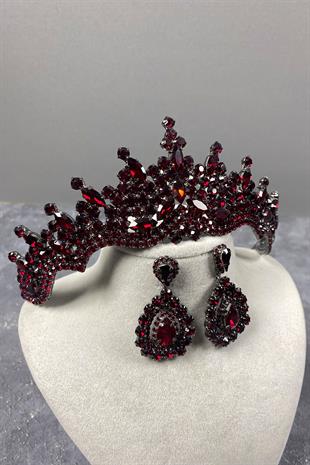Burgundy Tokyo Stone Bridal Henna Tiara and Drop Earrings Set