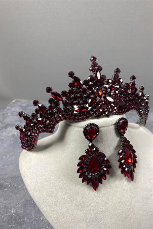 Bordo Tokyo Taşlı Gelin Kına Tacı Ve Mekik Taşlı Küpe Seti