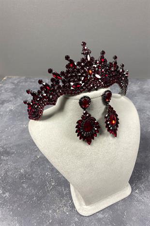 Bordo Tokyo Taşlı Gelin Kına Tacı Ve Mekik Taşlı Küpe Seti