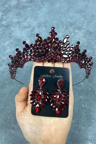 Burgundy Tokyo Stone Bridal Henna Tiara and Stud Earrings Set
