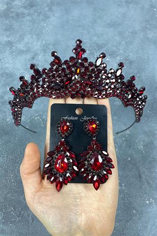 Bordo Tokyo Taşlı Gelin Kına Tacı Ve Mekik Taşlı Küpe Seti