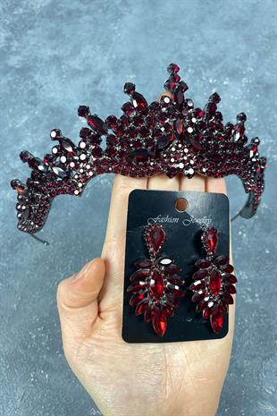 Burgundy Tokyo Stone Bridal Henna Tiara and Stud Earrings Set