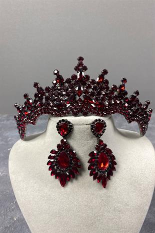 Bordo Tokyo Taşlı Gelin Kına Tacı Ve Mekik Taşlı Küpe Seti