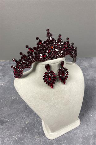 Burgundy Tokyo Stone Bridal Henna Tiara and Stud Earrings Set