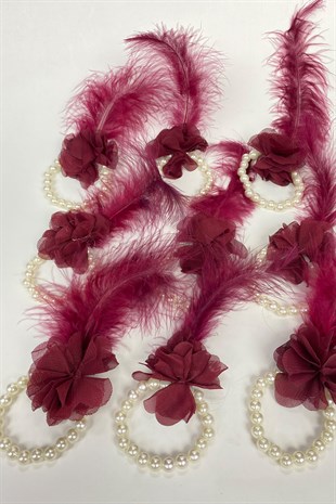 Bridesmaid Bracelet with Claret Red Feather and Pearls 10 Pieces