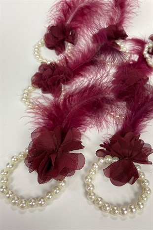 Bridesmaid Bracelet with Claret Red Feather and Pearls 10 Pieces