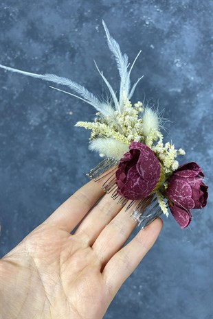 Bordo Tüylü ve Cipso Çiçekli Taraklı Saç Aksesuarı