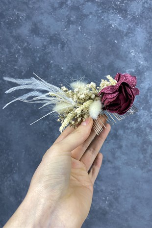 Bordo Tüylü ve Cipso Çiçekli Taraklı Saç Aksesuarı