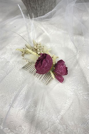 Bordo Tüylü ve Cipso Çiçekli Taraklı Saç Aksesuarı