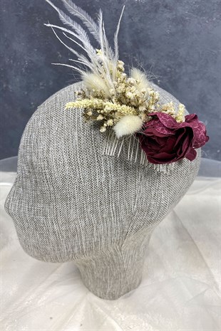 Bordo Tüylü ve Cipso Çiçekli Taraklı Saç Aksesuarı