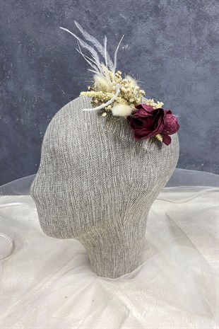 Bordo Tüylü ve Cipso Çiçekli Taraklı Saç Aksesuarı