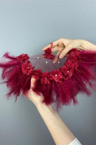 Claret Red Hairy And Stone Bridal Halay Handkerchief 1 pcs