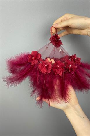Claret Red Hairy And Stone Bridal Halay Handkerchief 1 pcs
