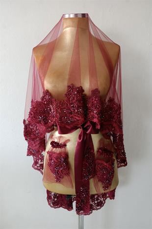 Bordo Ultra Lüks Kristal Boncuk İşlemeli Gelin Kına Duvağı