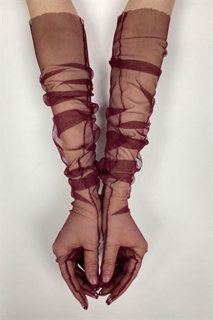 Bordo Uzun Şık Gelin Eldiveni Tül Eldiven Nikah/Düğün/Parti Eldiveni