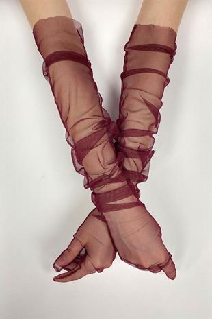 Bordo Uzun Şık Gelin Eldiveni Tül Eldiven Nikah/Düğün/Parti Eldiveni