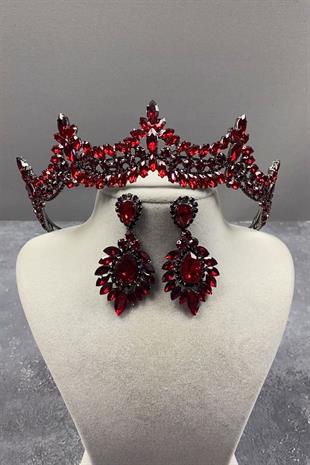 Claret Red Venetian Stone Bridal Henna Crown And Drop Stud Earring Set