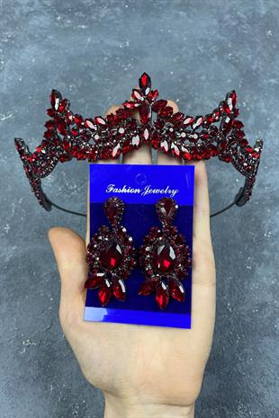 Claret Red Venetian Stone Bridal Henna Tiara and Stud Earrings Set