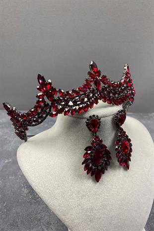 Claret Red Venetian Stone Bridal Henna Crown And Drop Stud Earring Set