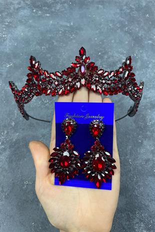 Claret Red Venetian Stone Bridal Henna Crown And Drop Stud Earring Set