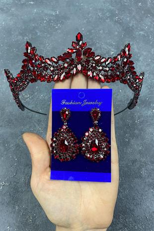 Claret Red Venetian Stone Bridal Henna Tiara and Drop Earrings Set