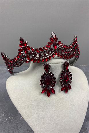 Claret Red Venetian Stone Bridal Henna Tiara and Stud Earrings Set