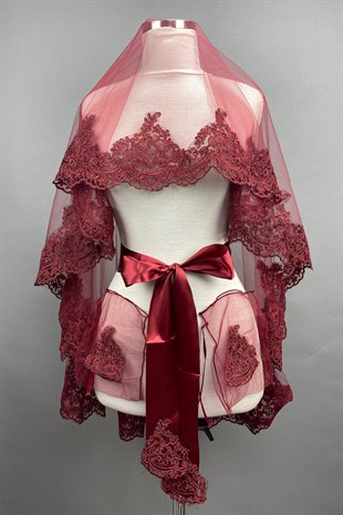 Bordo Venüs Dantelli Gelin Duvağı Kına Yüz Örtüsü