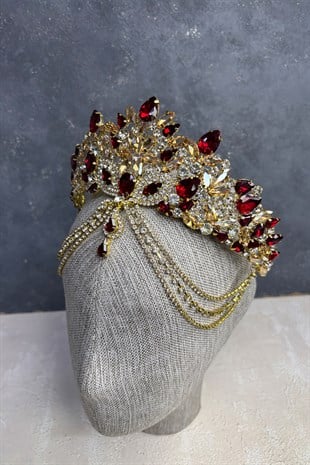 Bordo Versa Gold Zeminli Sallantılı Alınlık Gelin Kına Tacı